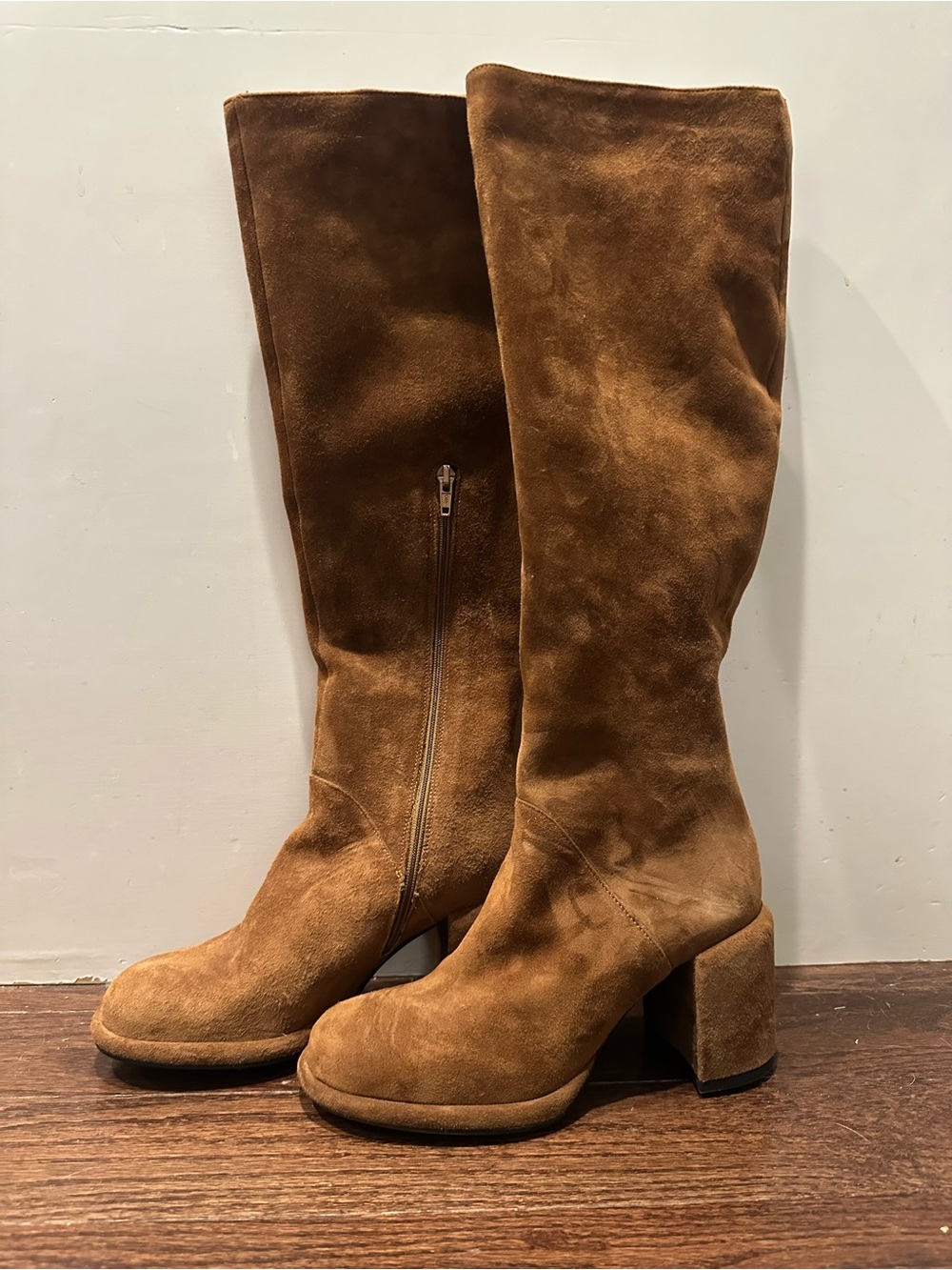 C by La Canadienne Brown Suede Tall Boots Made in Italy Block Heel EU 37.5